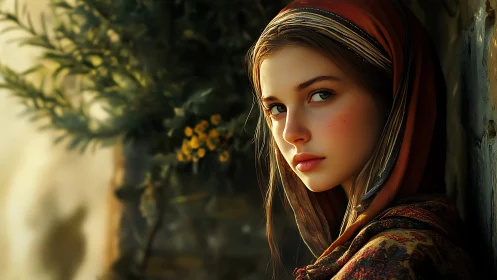 Warm side-lit portrait of veiled young woman in rustic setting