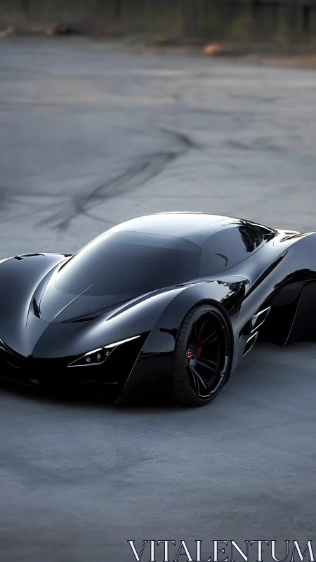 Low-angle view of glossy black futuristic sports coupe.