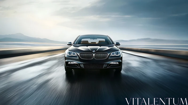 Front view of black sedan on wet highway at dusk period