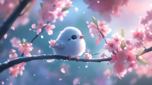White Bird Perched on Blossom Branch Amid Falling Cherry Petals