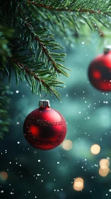 Red glass ornament glows against snowy evergreen bokeh.
