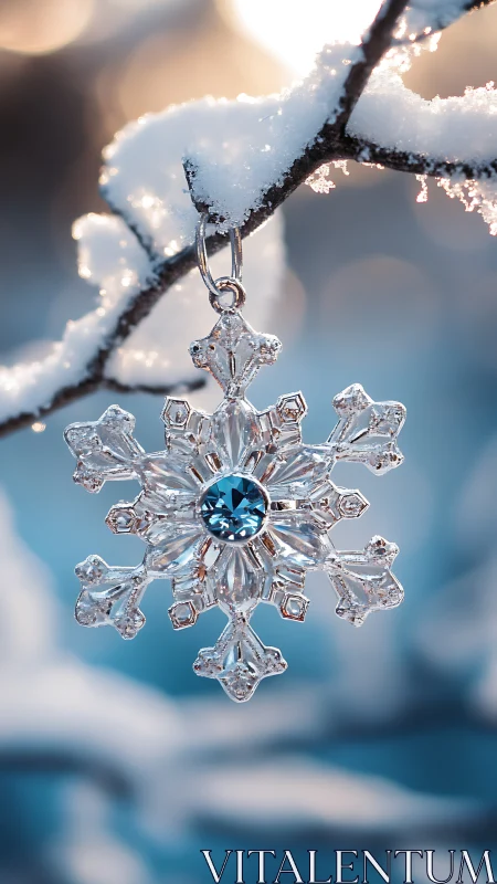 Macro capture of jeweled snowflake pendant on snowy branch in bokeh