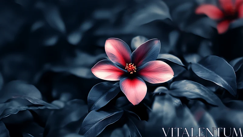 Pink flower bloom against dark foliage background in selective focus