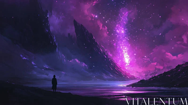 Lone figure observes magenta nebula column over reflective alien sea