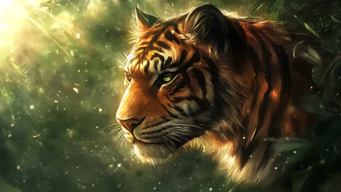 Majestic tiger profile glows in sunlit jungle haze.