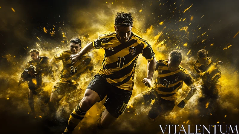 Kinetic soccer squad in explosive yellow-black motion field.