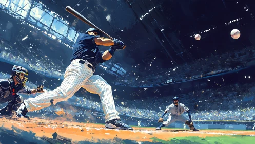 Digital painting depicts batter swinging during stadium game