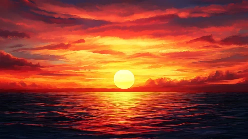 Hyperreal seascape sunset with saturated red-orange sky