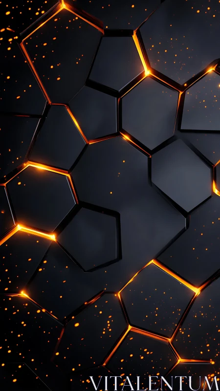 Molten ember veins through fractured black hexagons.