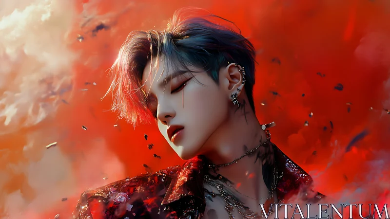 Androgynous figure in red atmospheric digital portrait scene.