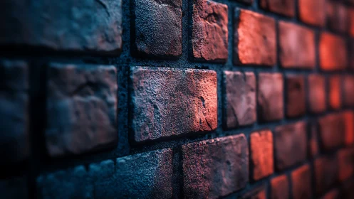 Warm brick wall glows in soft blue and red urban light