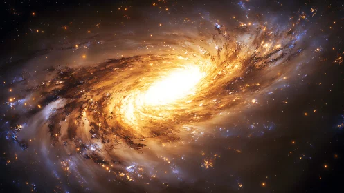 Golden spiral galaxy swirling in a luminous cosmic embrace.