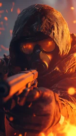 Hooded survivor in glowing mask aims forward through fire