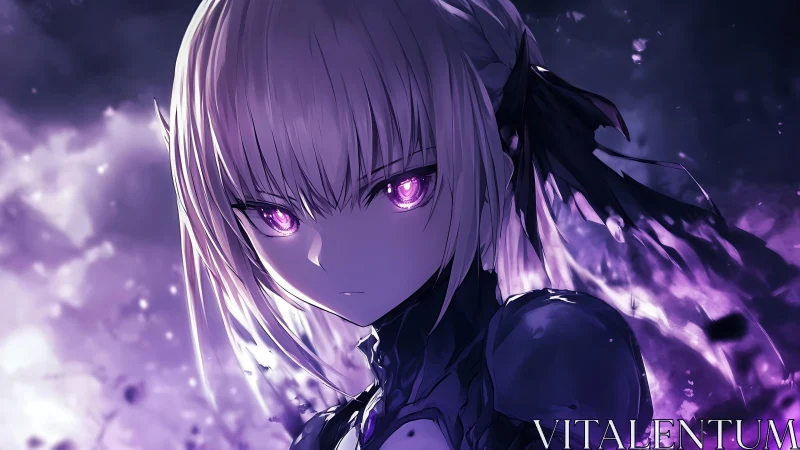 Dark anime warrior with glowing violet eyes and aura.