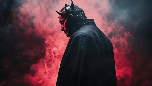 Crimson smoke curls while a horned shadow king quietly broods