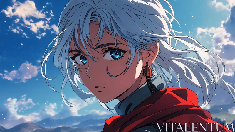 Windlit silver-haired heroine under vivid mountain sky.