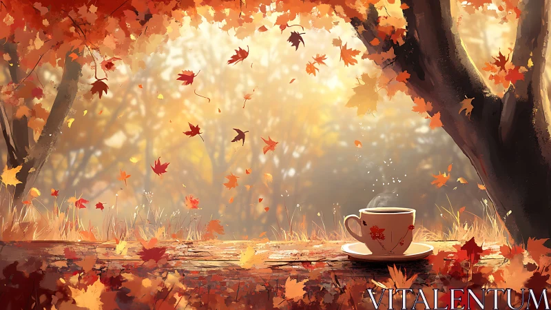 Cozy cup of coffee resting beneath glowing autumn leaves.