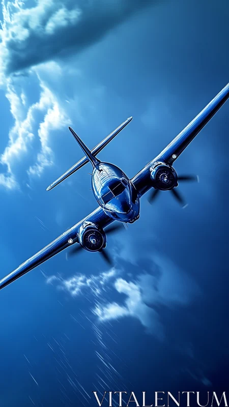 Streamlined twin engine aircraft cuts through storm clouds.