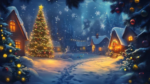 Snow-covered village with illuminated outdoor Christmas tree.