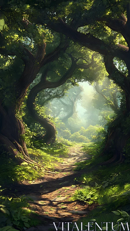 Enchanted Forest Path Through Ancient Towering Trees
