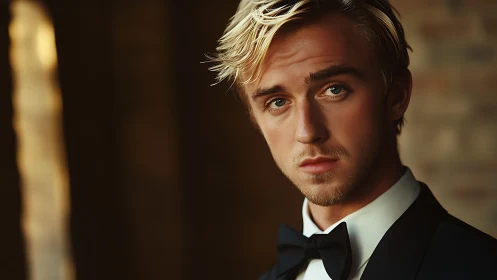 Elegant blond man in tuxedo with moody cinematic lighting.