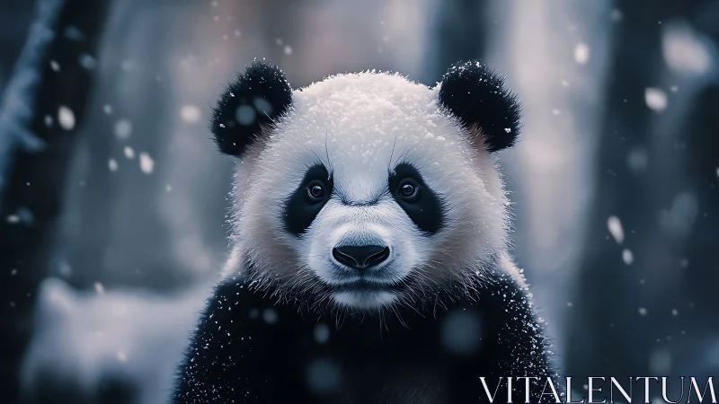 Photorealistic close-up of snow-dusted giant panda in winter forest