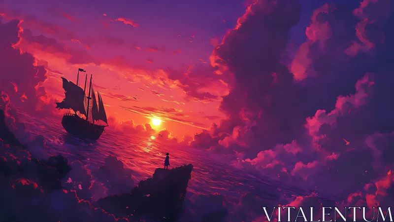 Tall ship at vivid sunset with lone figure on cliff.