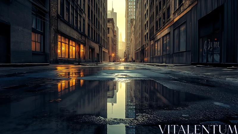 Golden hour puddles in a quiet reflective city street.