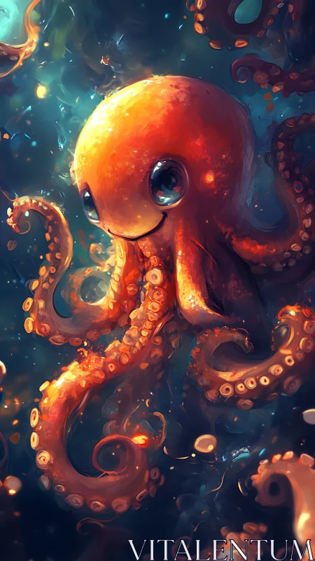 Cartoon orange octopus rendered in glowing underwater scene