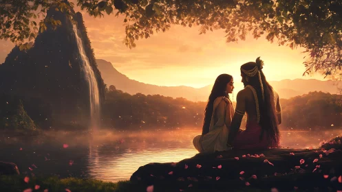Digital painting of romantic couple by ethereal sunset lake.