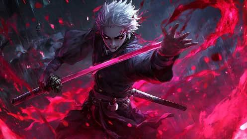Silver-haired swordsman channeling crimson arcane energy mid-strike