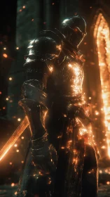 Armored figure stands in backlit embers within a dark hall