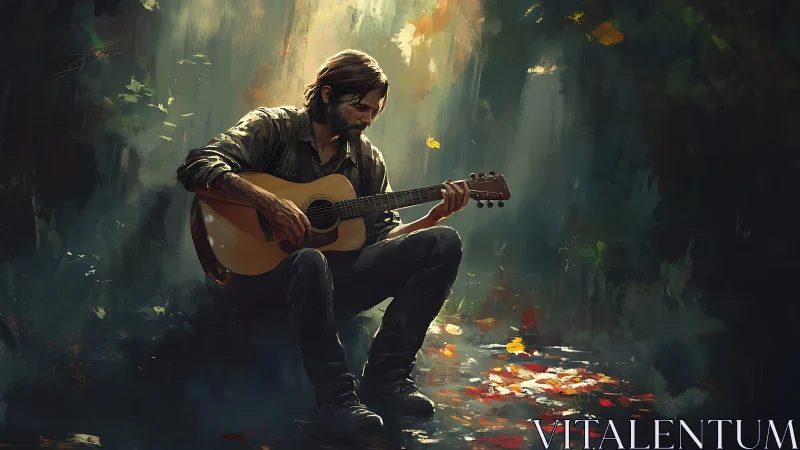Solitary guitarist under forest light playing acoustic guitar.