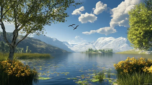 Sunlit alpine lake cradled by snowy peaks and drifting birds.