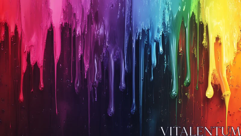 Vertical drips of bright multicolored paint run down canvas