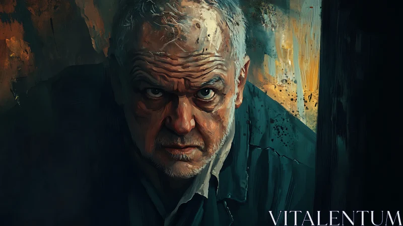 Weathered stare in ember-dark corridor of quiet menace.