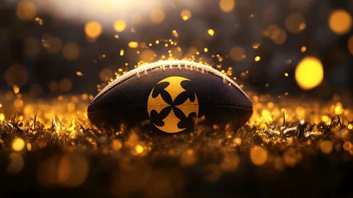 American football lies on grass under defocused stadium lights