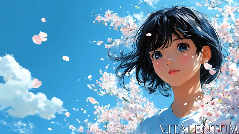 Girl under cherry blossoms gazes up through drifting petals