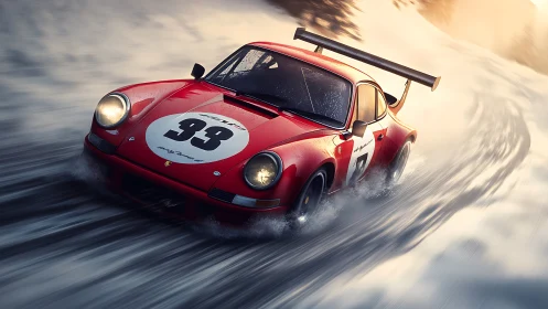 Red race car carves a thrilling path through snowy curves