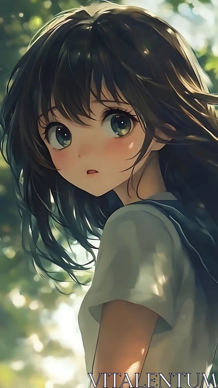 Anime portrait in dappled forest light, soft-focus rendering.