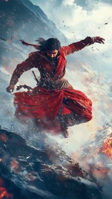 Volcanic descent of red-clad warrior through eruptive canyon.