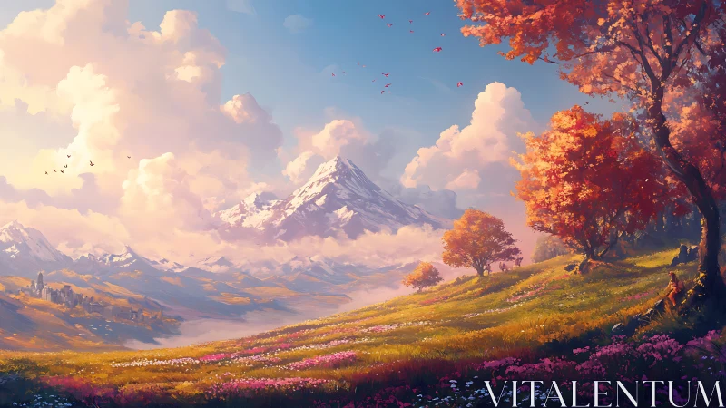 Sunlit mountain valley welcomes autumn trees and flowers