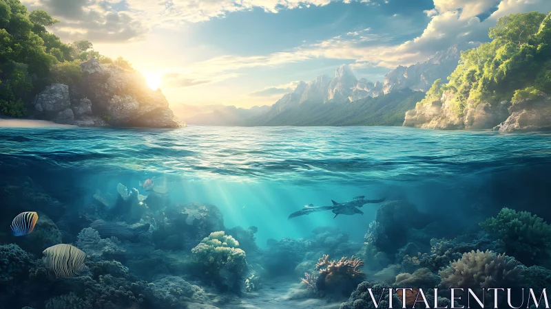 Sunlit reef frontier where turtles glide below emerald cliffs.