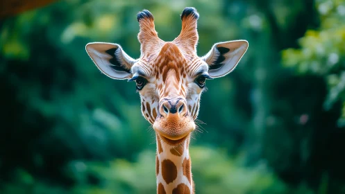 Portrait of a giraffe with vivid bokeh jungle backdrop.