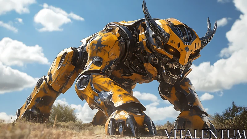 Predatory quadruped mech snarls in low-angle desert view