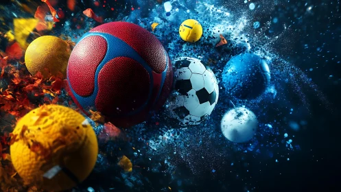 Colorful sports balls exploding through fire and water