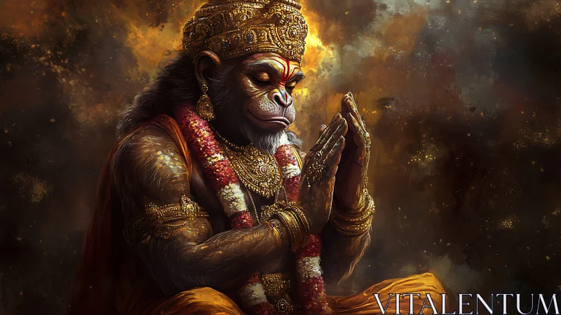 Divine monkey warrior sits in radiant golden meditation