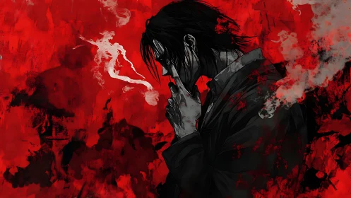 Side-lit smoker silhouette in red abstract painterly haze