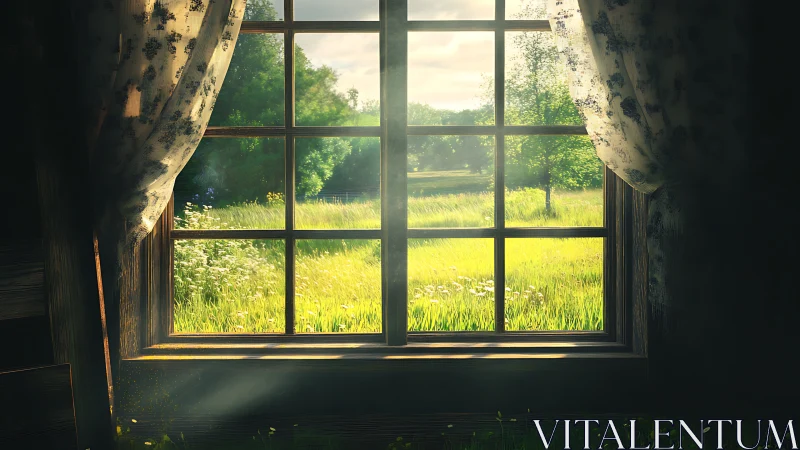 Sunlit meadow daydream framed by a quiet country window.