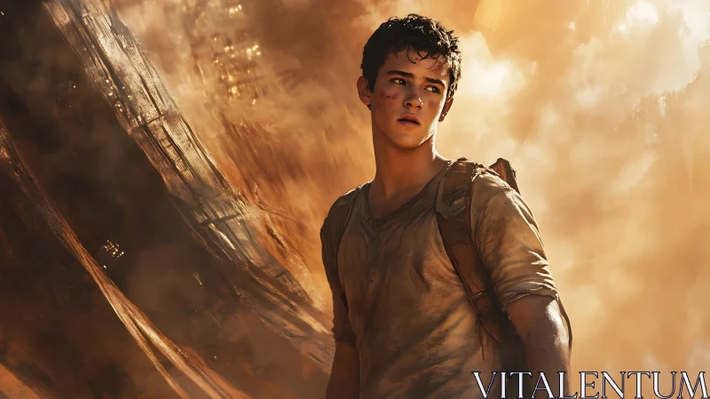 Dust-covered teen survivor in blazing sci fi wasteland.